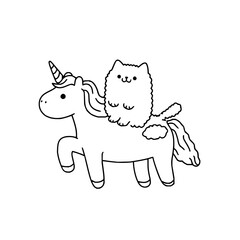 Whimsical black and white illustration of a smiling cat riding a unicorn with a fluffy mane and tail simple line art design cute and fantastical creature perfect for children's