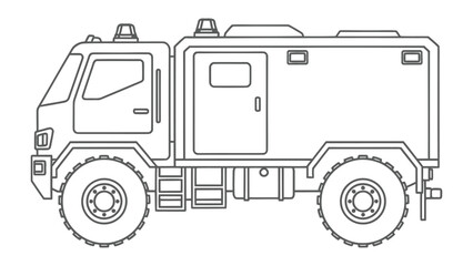 Heavy-Duty Tactical Truck: A sturdy, heavy-duty tactical truck, designed for robust functionality, stands ready, showcasing its rugged build and essential features. © AJM