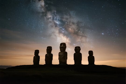 Silhouetted Moai statues under the Milky Way at night on Easter Island