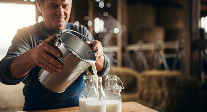 A middle aged male farmer pouring organic fresh milk from a steel pail into glass bottles inside a rustic wooden barn with hay in the background