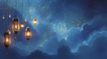 Naklejka premium Ethereal eid mubarak 2026 celebration background with glowing hanging lanterns, golden crescent moon and shimmering night sky, elegant islamic holiday greeting design with festive spiritual atmosphere