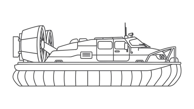 Hovercraft on Water: An illustration of a modern hovercraft glides across the water, its design suggesting speed and efficiency for amphibious travel.