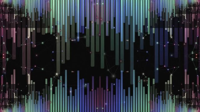 Abstract vertical bar graph audio visualizer with glittering particles on black background