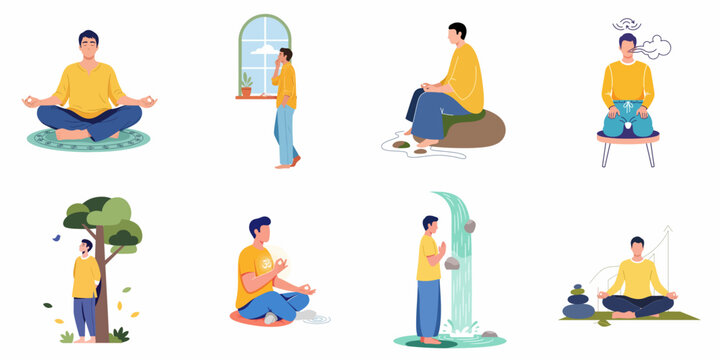 Man practicing mindfulness and meditation in various serene settings for peace and well-being.