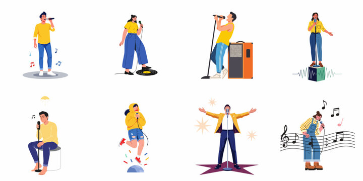 Diverse group of men and women singing and performing music, showcasing various artistic expressions and styles through illustrations.