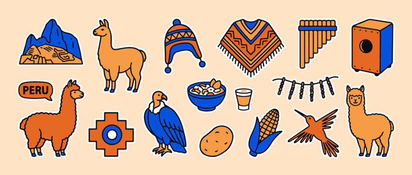 Peru's Cultural Ensemble: An array of Peru's iconic symbols and traditions, from majestic mountains to the gentle alpaca and vibrant cultural elements