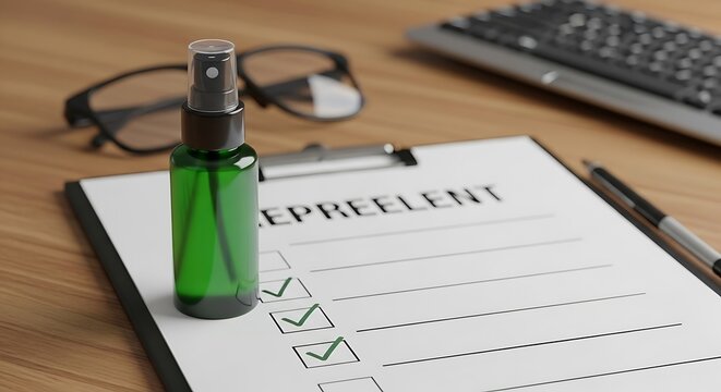 Green Spray Bottle on Clipboard with Checklist.