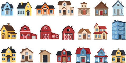 Colorful cartoon houses collection vector illustration set, residential buildings icons isolated on white background, suburban homes and barns clipart bundle © Mst