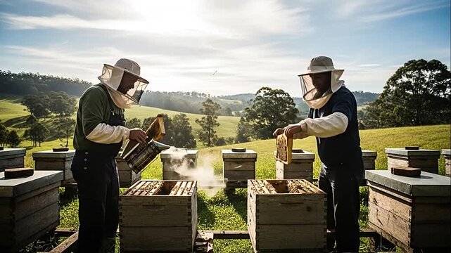 Two beekeepers inspecting beehives in a sunny rural landscape, harvesting honey and working with dedication for sustainable beekeeping.