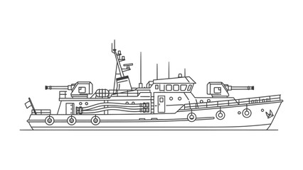 Naval Vessel Silhouette: A meticulously detailed outline of a robust naval vessel, showcasing its intricate design elements and maritime functionality.  © AJM
