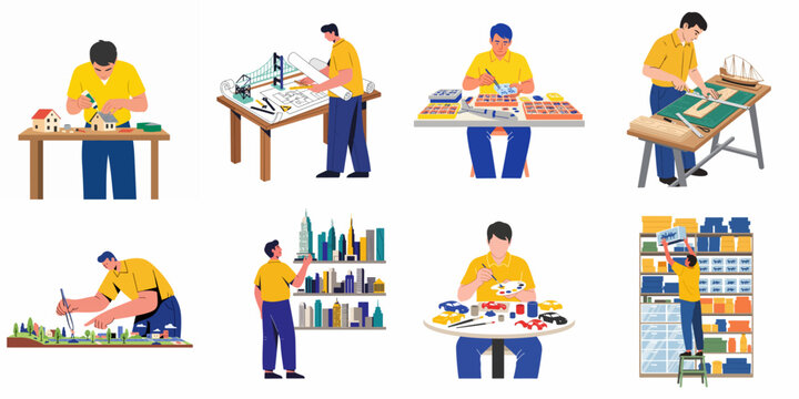 Diverse people crafting architectural models, miniature landscapes, and hobby kits, illustrating creative hands-on projects and design activities.