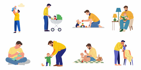 Fototapeta premium Modern fathers actively involved in raising their children, performing various parenting tasks like playing, feeding, reading, and first steps with joy.