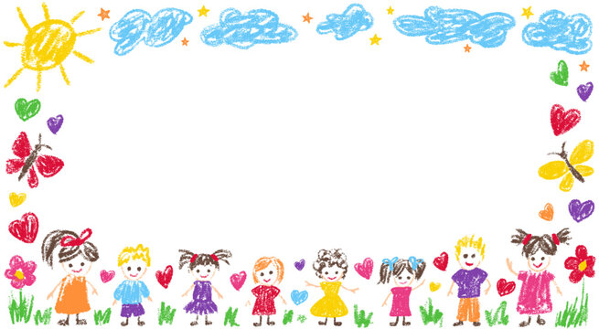 Frame kindergarten border with crayon box kid and text pastel drawn. Pencil shape drawing with heart cute child and childish day gift. Kids background frame with photo chalk crayon and baby.