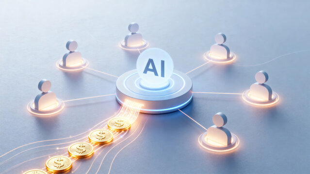 The concept of universal basic income is symbolized by soft, continuously flowing, glowing digital currency that flows from a central artificial intelligence hub to a minimalist humanoid icon.