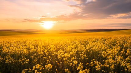 Fototapeta premium Golden canola field at sunset with dramatic clouds