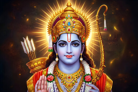 Lord rama portrait with golden crown and bow for devotional celebration of rama puja and the holy festivals of ram navami and victory during dussehra