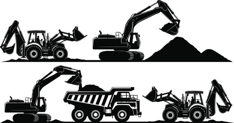 Construction heavy machinery silhouette set featuring excavators, dump trucks, and backhoe loaders working on industrial building site for engineering project development © Mou