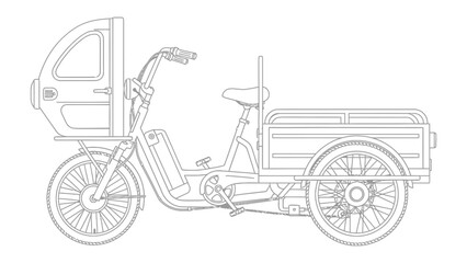 Cargo Tricycle Outline: An artistic, clean, and minimalist drawing of a cargo tricycle, a sustainable and efficient mode of transport designed for urban environments.