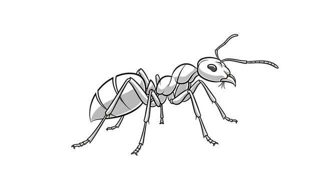 Detailed black and white ant illustration.