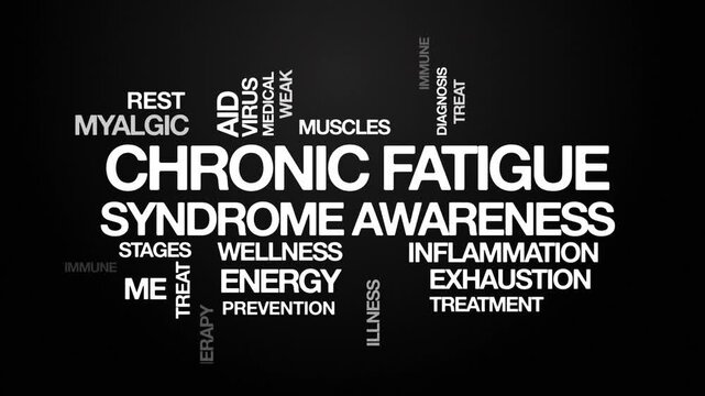 Chronic Fatigue syndrome awareness concept Animated Tag Word Cloud kinetic typography, Text Design Animation typography seamless loop video motion graphics Intro Wordart white type on black background