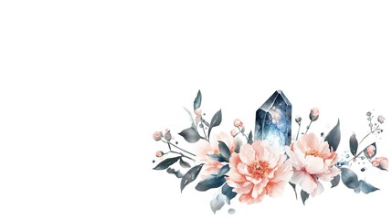 Pink Peony and Blue Crystal Watercolor Floral Arrangement with Copy Space