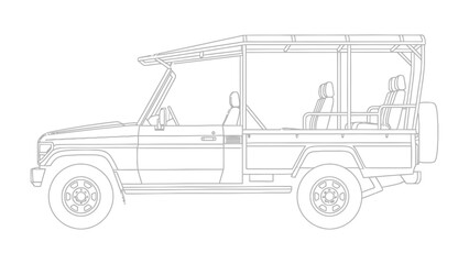 Safari Vehicle Outline: A detailed line drawing showcases the profile of a classic safari vehicle, revealing its open-air design and rugged capabilities, ready for adventure in the wild. © mstmahmuda