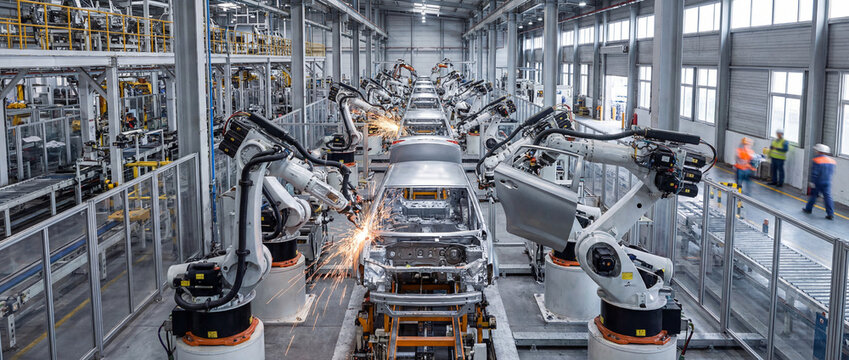 Automated precision in a car assembly line. Modern industrial robotic arms meticulously weld vehicle components in a dynamic display of automated production.