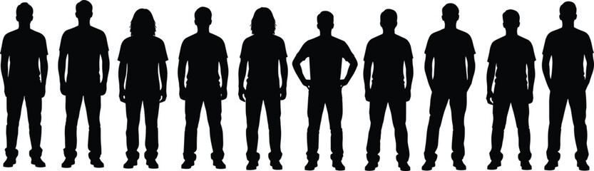 Standing people silhouette collection, casual men front view isolated black vector illustration set on white background