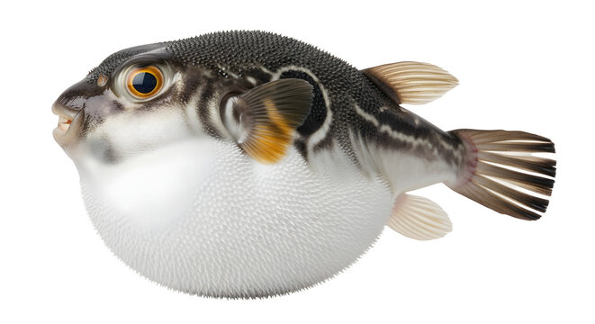 Puffer fish inflated to defensive posture showcasing distinctive scales and vibrant orange eye against a plain white background
