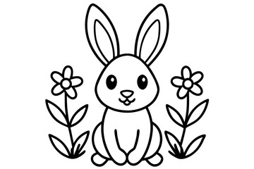 Obraz premium Cute bunny rabbit sitting among flowers, black and white line art for coloring