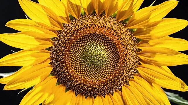 Vibrant close-up of a blossoming sunflower, showcasing its intricate seed pattern and bright yellow petals radiating warmth and natural beauty against a dark backdrop, symbolizing growth and vitality