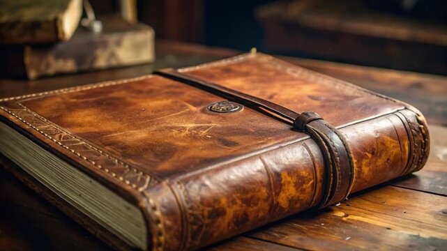 Vintage leather bound journal with strap on rustic wooden table