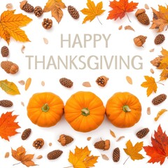 Three pumpkins surrounded by autumn leaves and acorns with happy thanksgiving written above