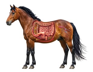 Obraz premium Anatomical horse illustration with digestive system showing, brown horse stands in profile, white background