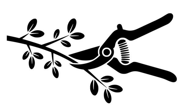 Professional black silhouette of garden pruning shears cutting a leafy tree branch, isolated on a white background for landscaping, gardening, and horticulture design concepts.