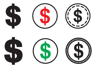 Set of vector dollar currency symbol icons in various styles isolated on white background