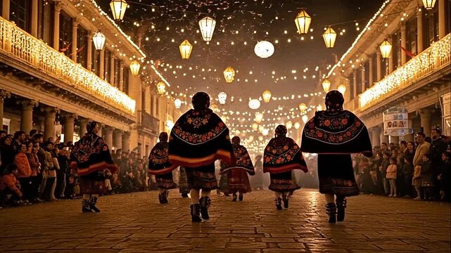 Traditional dancers performing in a festive street at night.