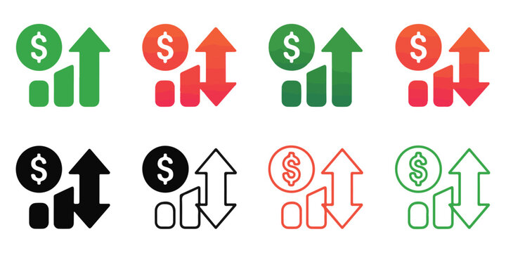Set of vector dollar currency up and down icons for business and finance isolated on white background