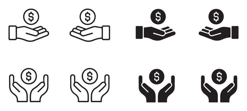 Set of vector hands holding dollar coin icons in various styles isolated on white background