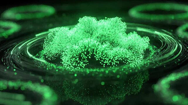 Sustainability shift through cloud technologies concept. Abstract futuristic green particle digital wave with glowing energy flow and dynamic light trails