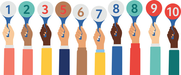 Fototapeta premium Hands Holding Score Cards with Numbers, Diverse People Displaying Ratings for Feedback and Evaluation
