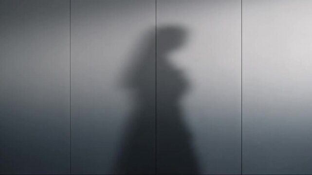 Silhouette of a woman against a gray wall with vertical panels, captured in a moody and mysterious atmosphere.