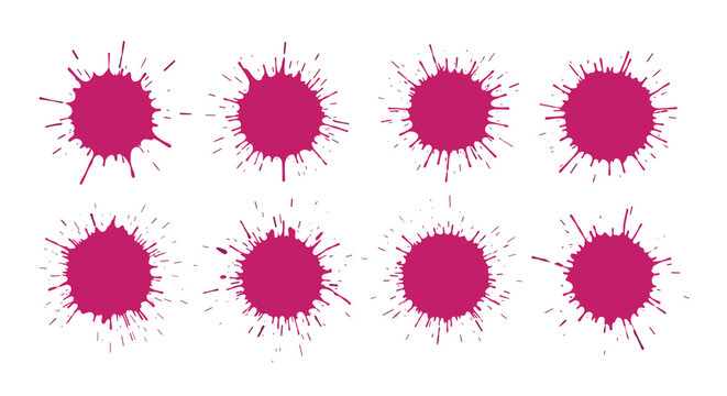 Collection of eight magenta pink paint splatters and ink blots with irregular edges on a clean white background for artistic design.