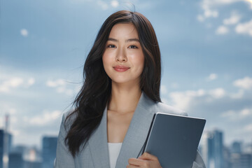 ノートパソコンを持った笑顔の女性　Generative AI