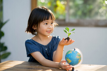 苗と地球儀を持った笑顔の女の子・環境イメージ　Generative AI
