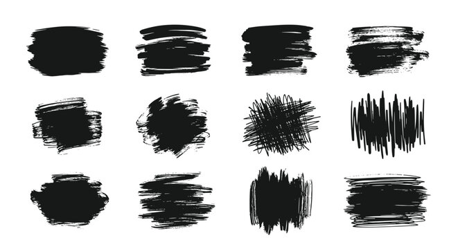Collection of twelve different black textured brush strokes and ink scribbles for artistic design and decorative grunge backgrounds.