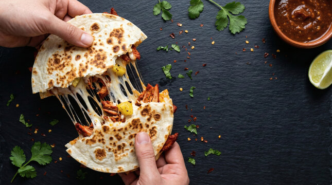 Hands pulling apart cheesy gringas al pastor on a dark stone background