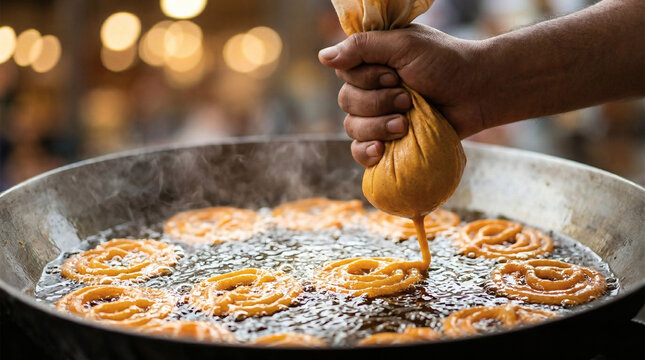 Close up of hand squeezing traditional jalebi batter into hot bubbling oil