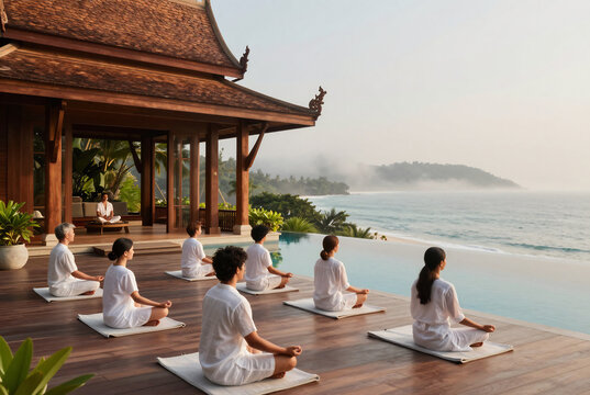 Luxury Thai Wellness Resort Morning Meditation Group by the Ocean