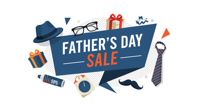 Fathers Day sale banner featuring a blue hat silk tie glasses and wrapped gift boxes with geometric abstract elements.